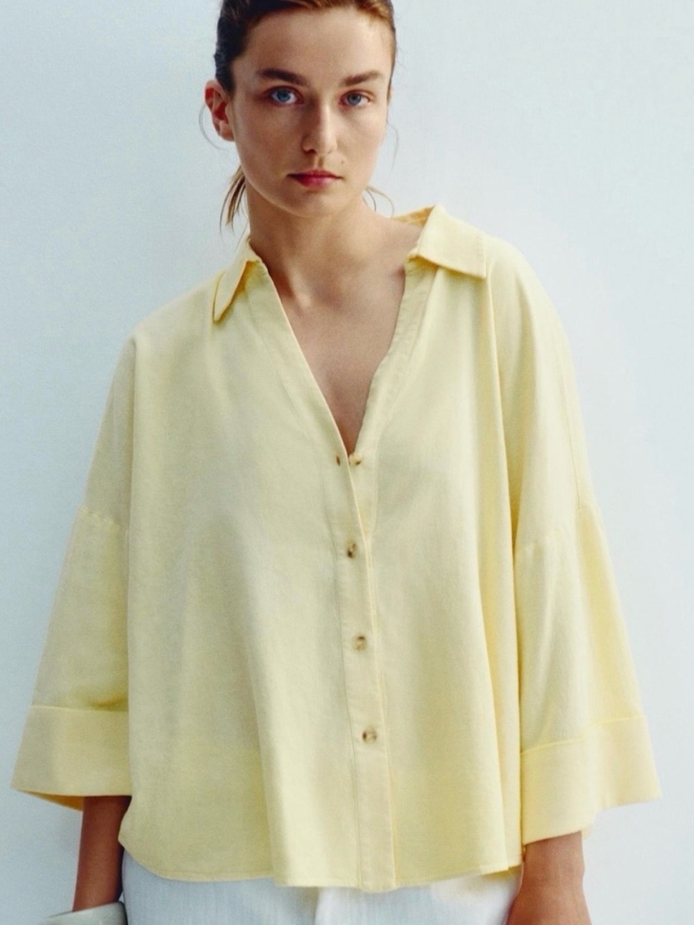 Zara Pale Yellow Button-Front Relaxed Blouse